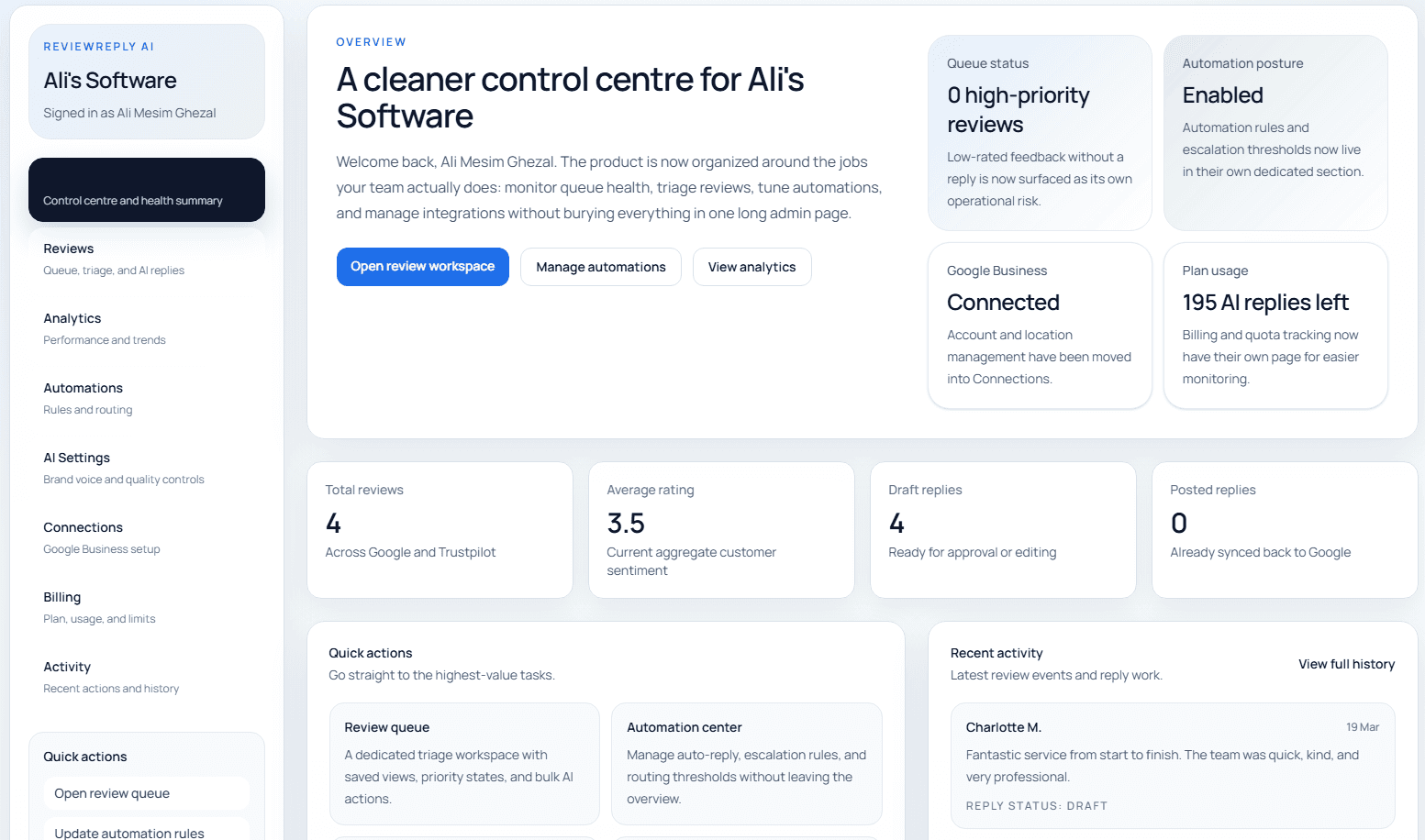 ReviewReply AI dashboard showing review workflows and activity